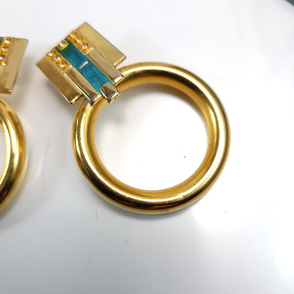 Large Gold Hoop Earrings with Turquoise Accent Retro Statement Jewelry for Women - Picture 3 of 10